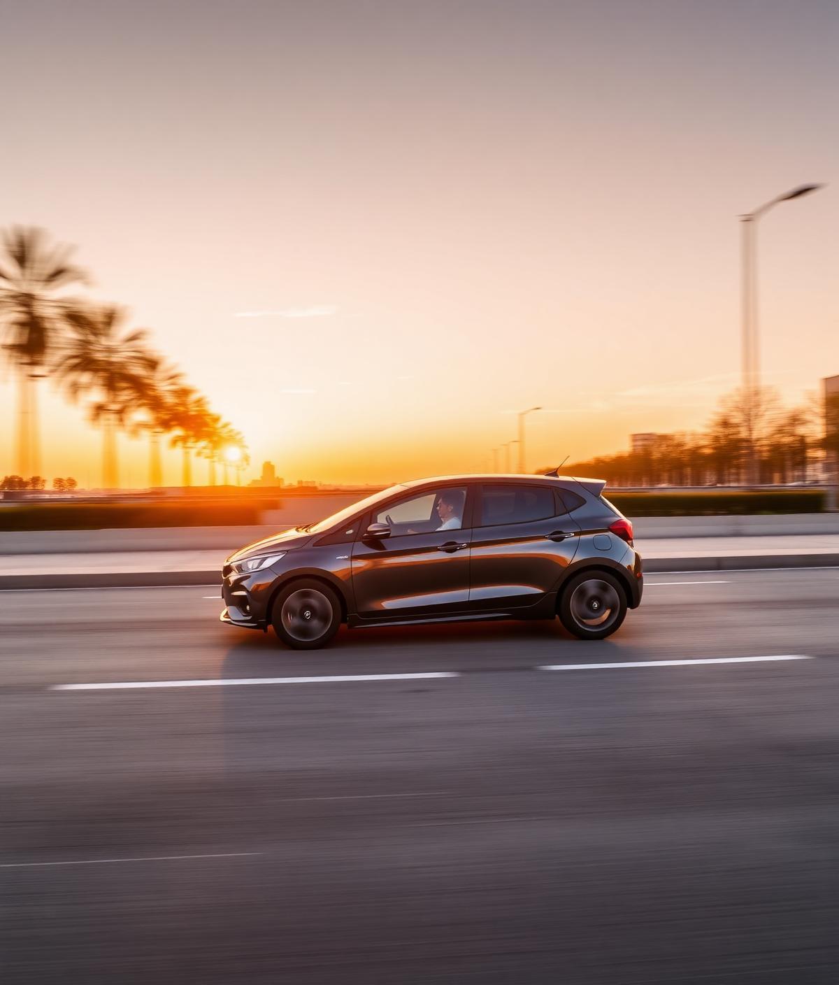 Voiture-école Safety Drive sur la route au coucher du soleil